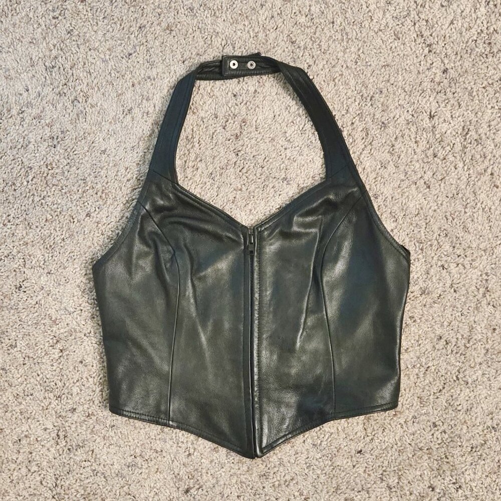 Black Wilson's Maxima leather zip front halter top / vest - EUC